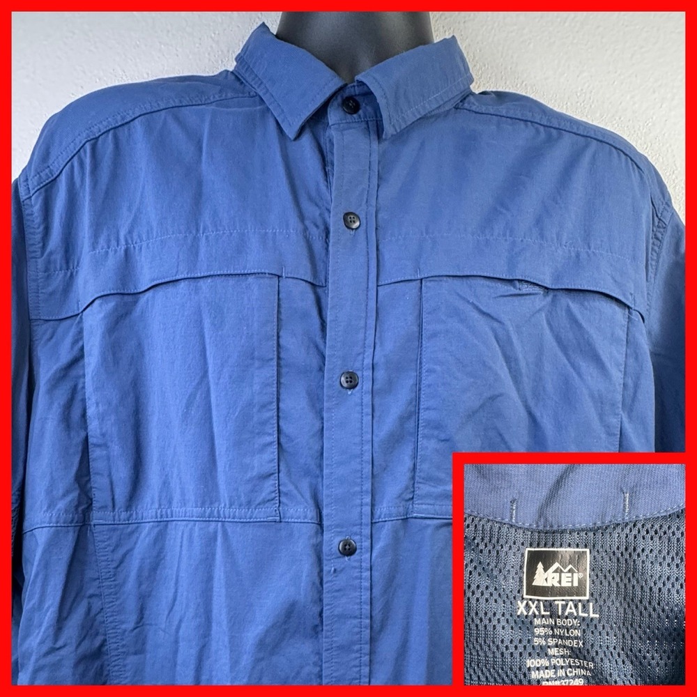 REI Co-op Mens XXL Tall Blue Outdoor Hiking Camping Short Sleeve Button Up Shirt